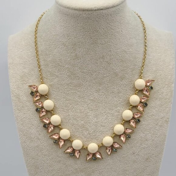 J Crew Off White Resin Beads with Gold and Clear Crystal Gold Tone Necklace NWOT - Picture 1 of 10